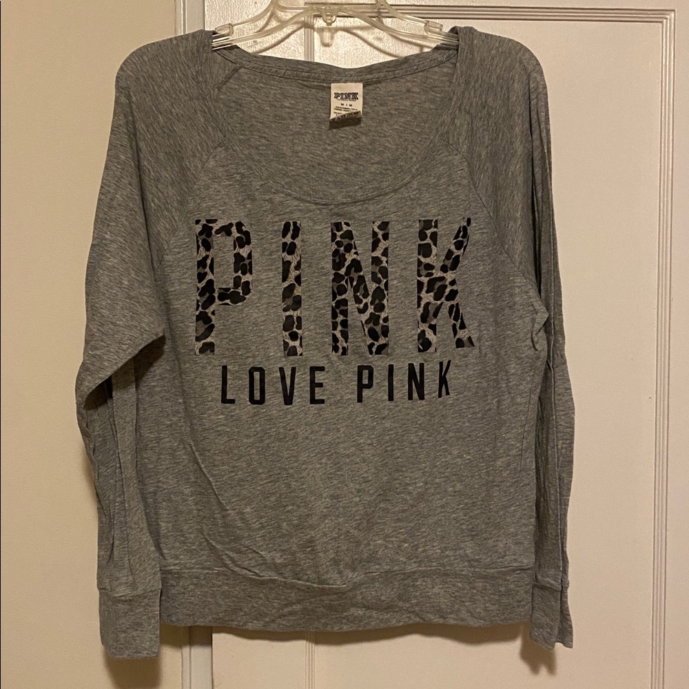 Pink Victoria’s Secret grey long sleeve logo top size medium